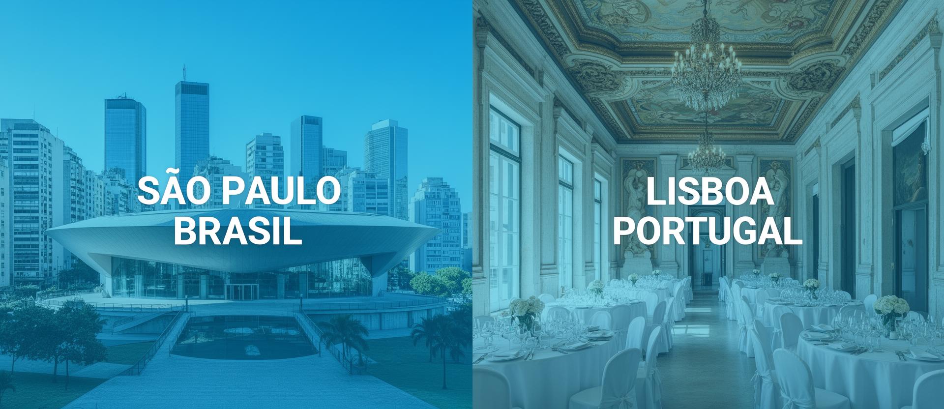 Comparativo visual entre evento corporativo em São Paulo, Brasil e evento corporativo em Lisboa, Portugal