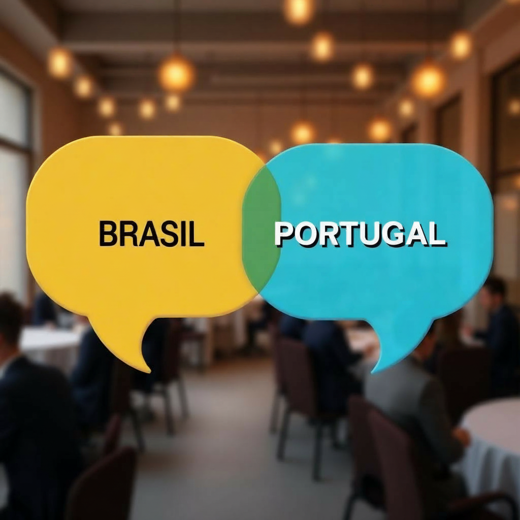 Balões de diálogo representando as diferenças entre o português brasileiro e o português europeu no contexto de eventos corporativos