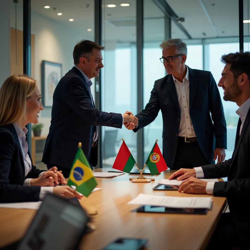 Profissionais brasileiros e portugueses em reunião de negócios com bandeiras dos dois países sobre a mesa