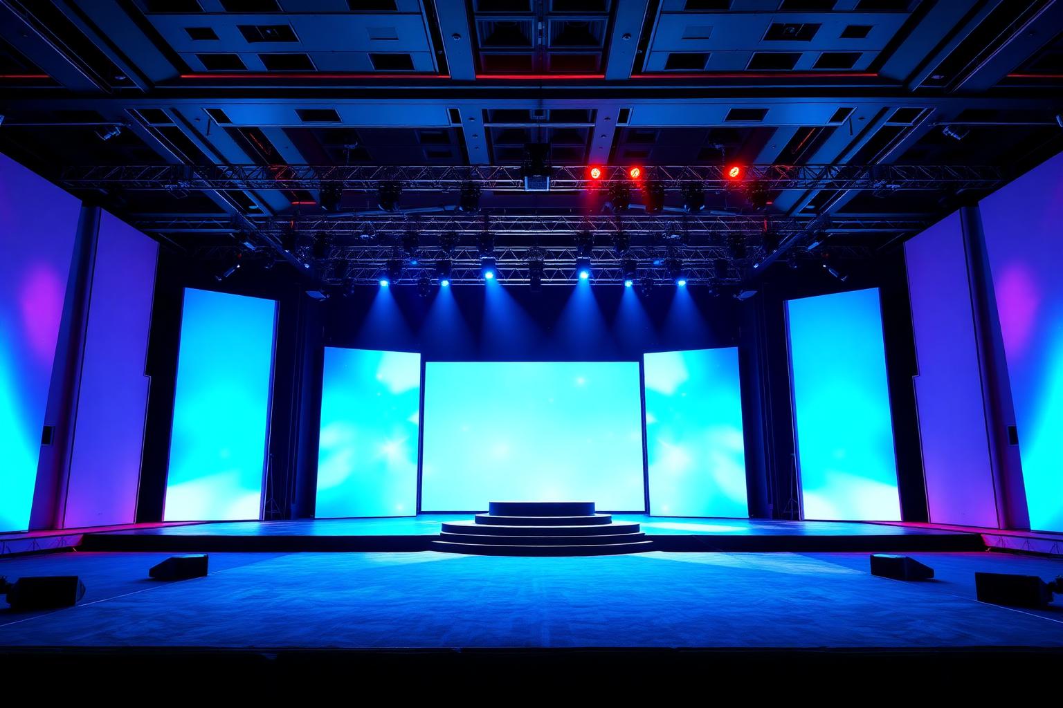 Palco corporativo sofisticado com cenografia em iluminação cyan e painéis de LED