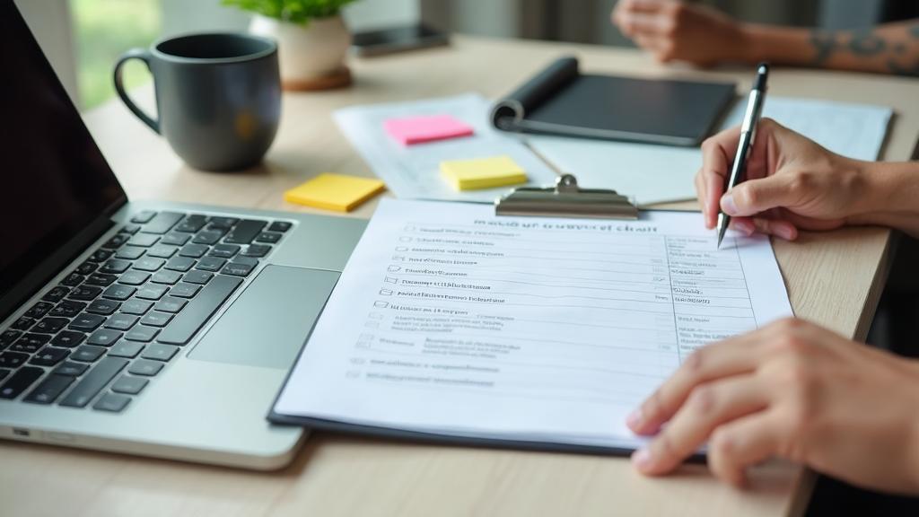 Profissional preenchendo checklist de evento corporativo com laptop e post-its na mesa