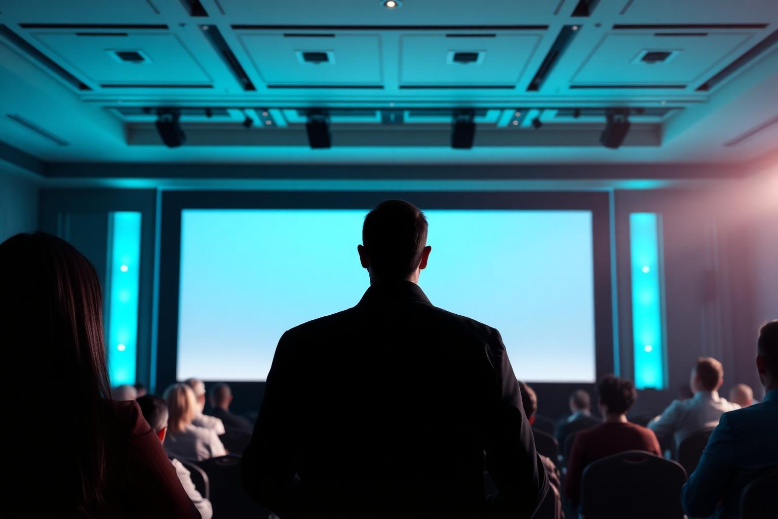 Auditório de convenção de vendas com palco em iluminação cyan e equipe comercial atenta