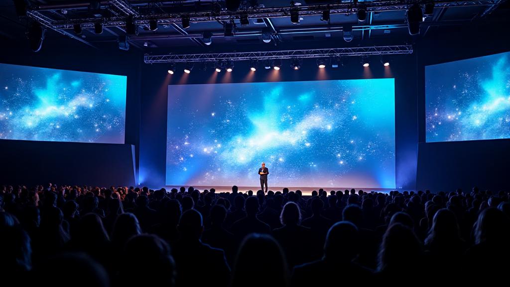 Executivo apresentando em palco de convenção corporativa para grande público em São Paulo
