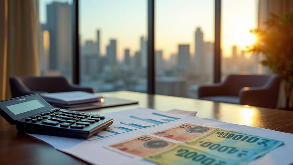 Planejamento financeiro de evento corporativo com gráficos e calculadora em escritório com vista para São Paulo