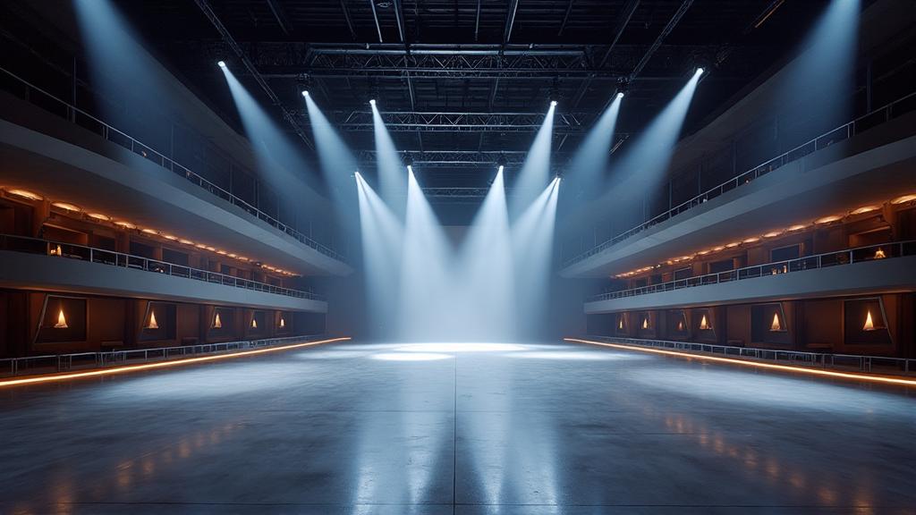 Interior de pavilhão moderno para eventos corporativos em São Paulo com iluminação dramática