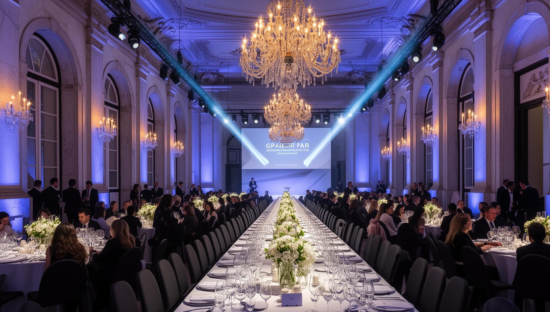 Evento corporativo elegante em venue histórico europeu com iluminação profissional e decoração sofisticada
