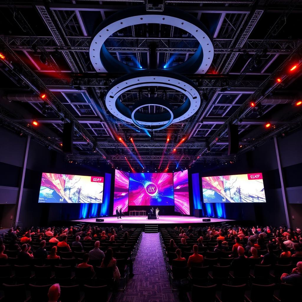 Centro de convenções europeu moderno com palco, painéis de LED e iluminação profissional para evento corporativo