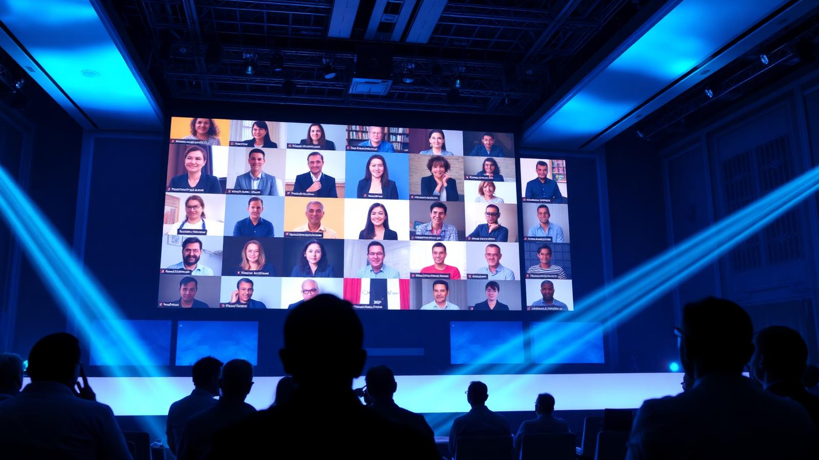 Auditório corporativo em São Paulo com painel de LED exibindo participantes remotos durante evento híbrido