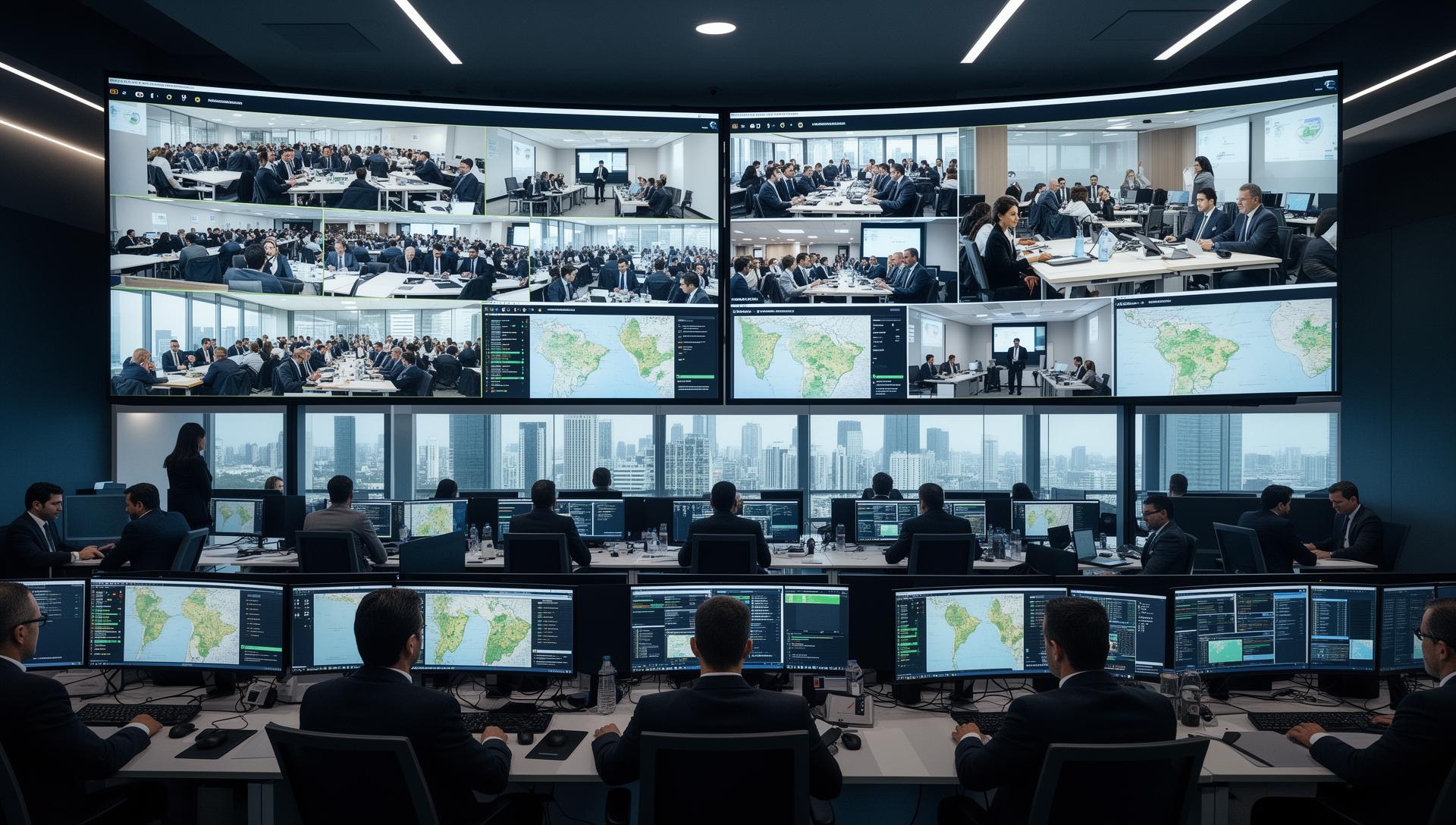 Centro de comando operacional com múltiplas telas monitorando eventos corporativos simultâneos em diversas cidades do Brasil