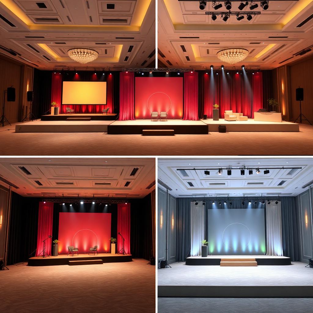 Múltiplos venues de eventos corporativos com cenografia padronizada e identidade visual consistente em diferentes cidades