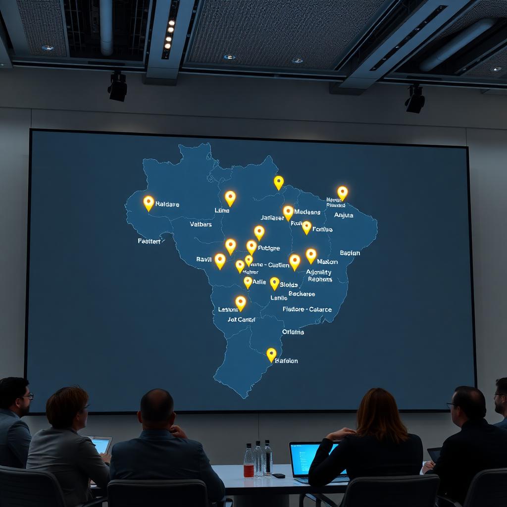 Equipe de gestão de eventos analisando mapa do Brasil com múltiplas localidades de eventos simultâneos