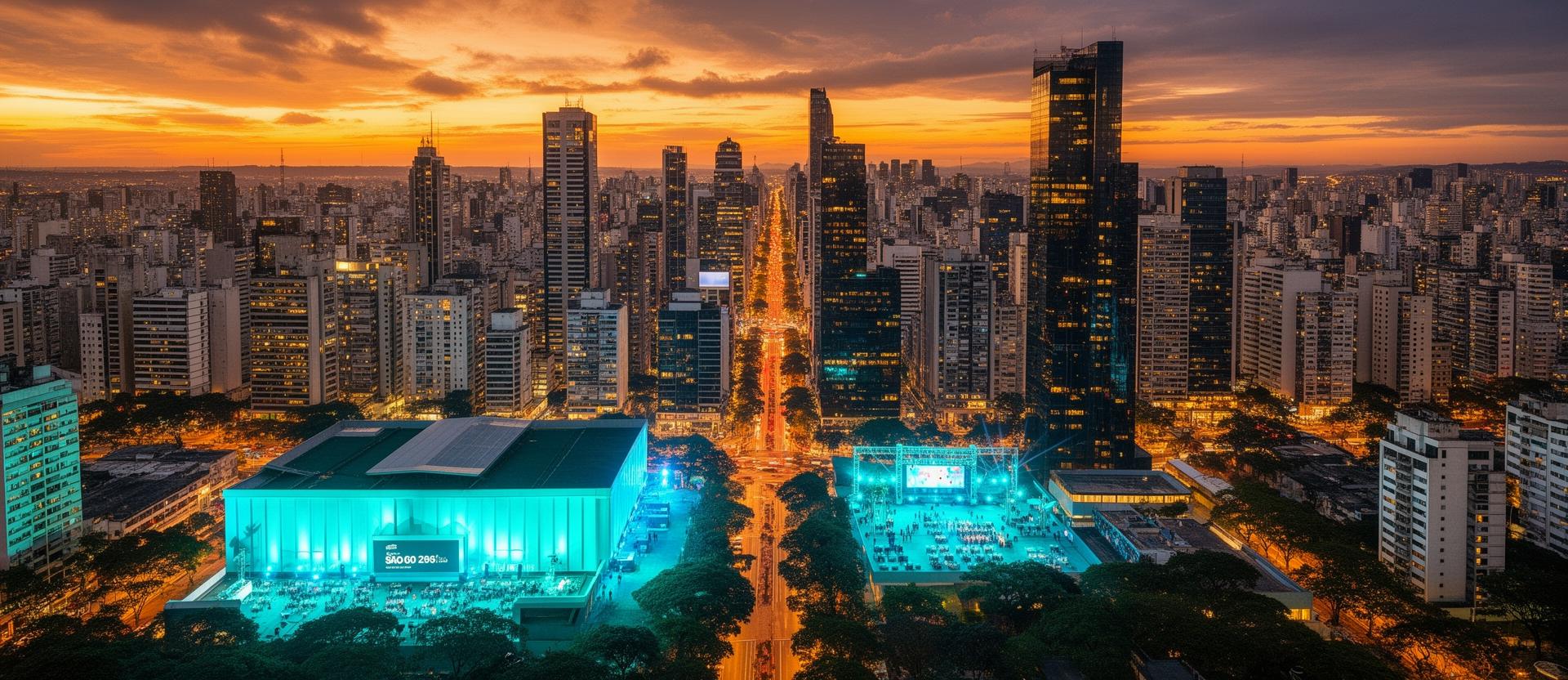 Vista panorâmica de São Paulo ao entardecer com centro de eventos corporativos iluminado em tons de ciano