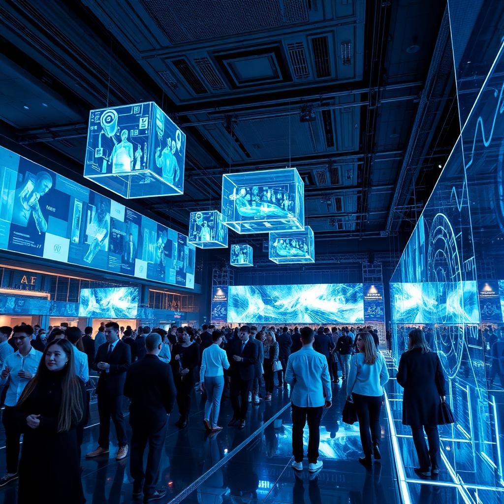 Evento corporativo futurístico em 2056 com hologramas, telas transparentes, cubos de realidade aumentada e participantes em ambiente de alta tecnologia