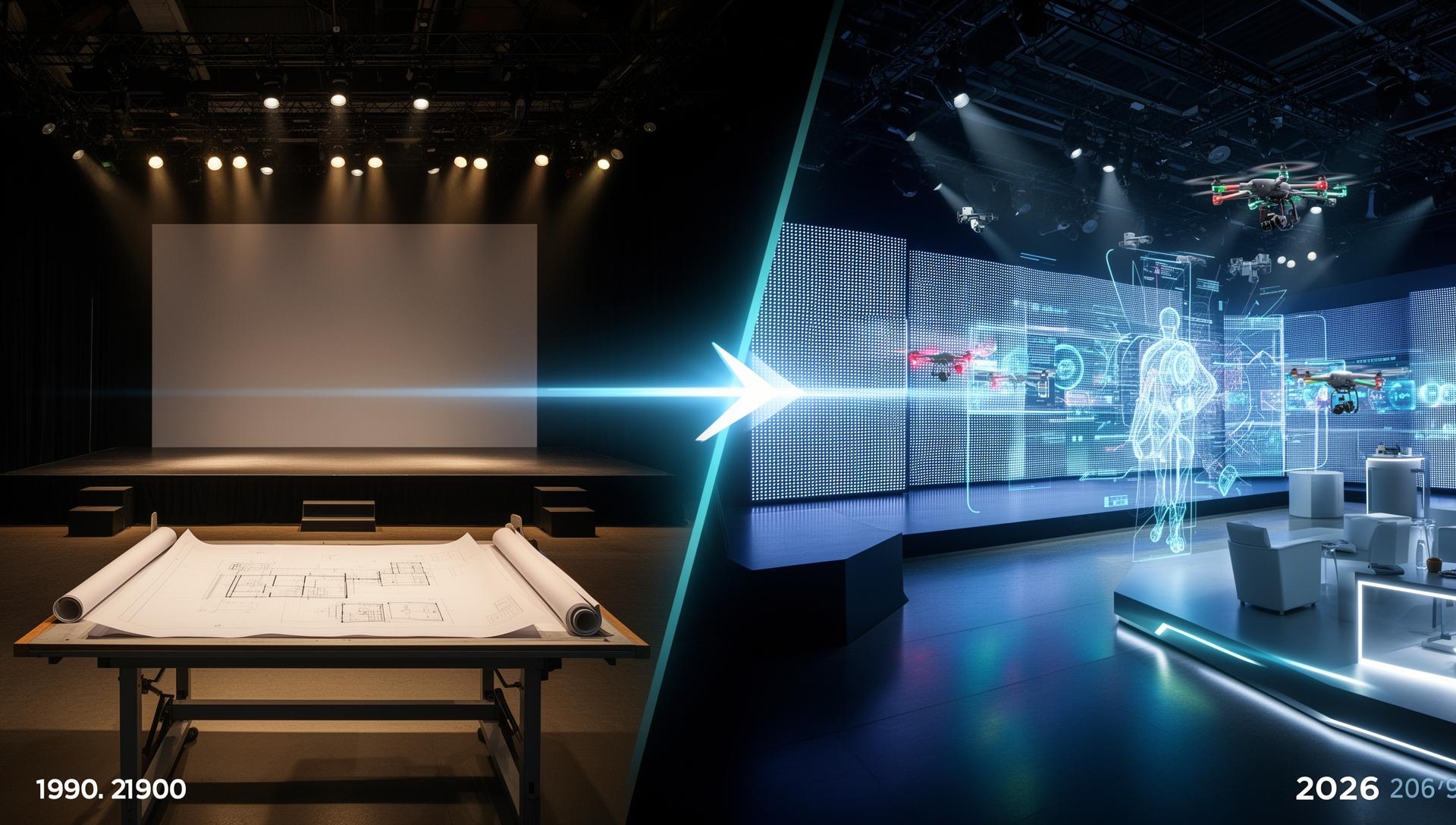 Comparação visual da evolução dos eventos corporativos: da prancheta manual dos anos 90 à tecnologia holográfica de 2026
