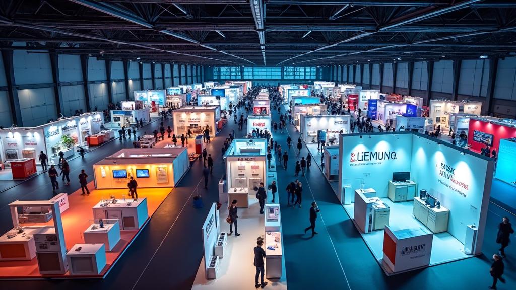 Vista aérea de feira corporativa com estandes e expositores em pavilhão de São Paulo