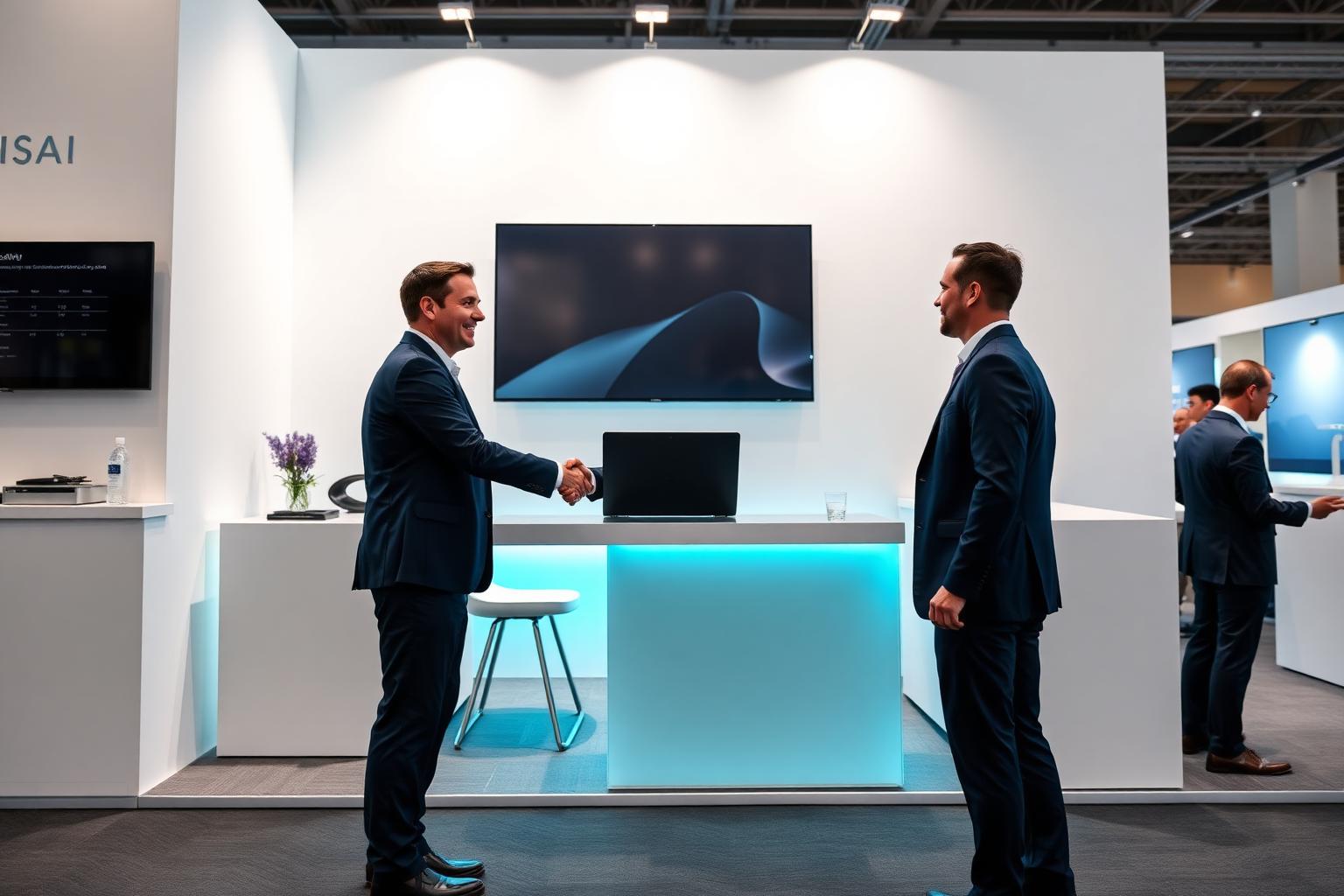 Reunião de negócios em stand corporativo durante feira internacional com iluminação cyan