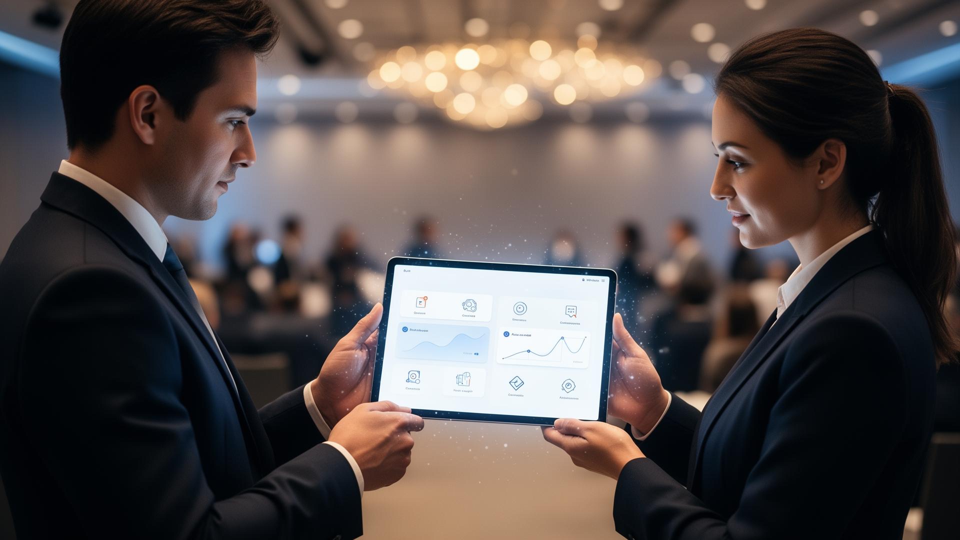 Profissionais corporativos visualizando plataforma de evento com Inteligência Artificial em tablet, exibindo recomendações personalizadas de agenda e networking