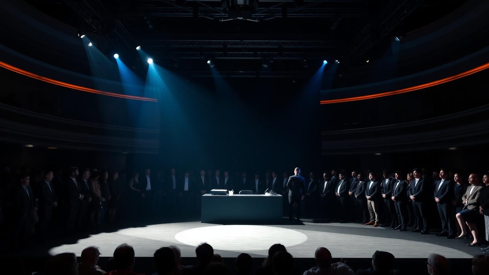 Palco corporativo iluminado para revelação de produto em evento de lançamento em São Paulo