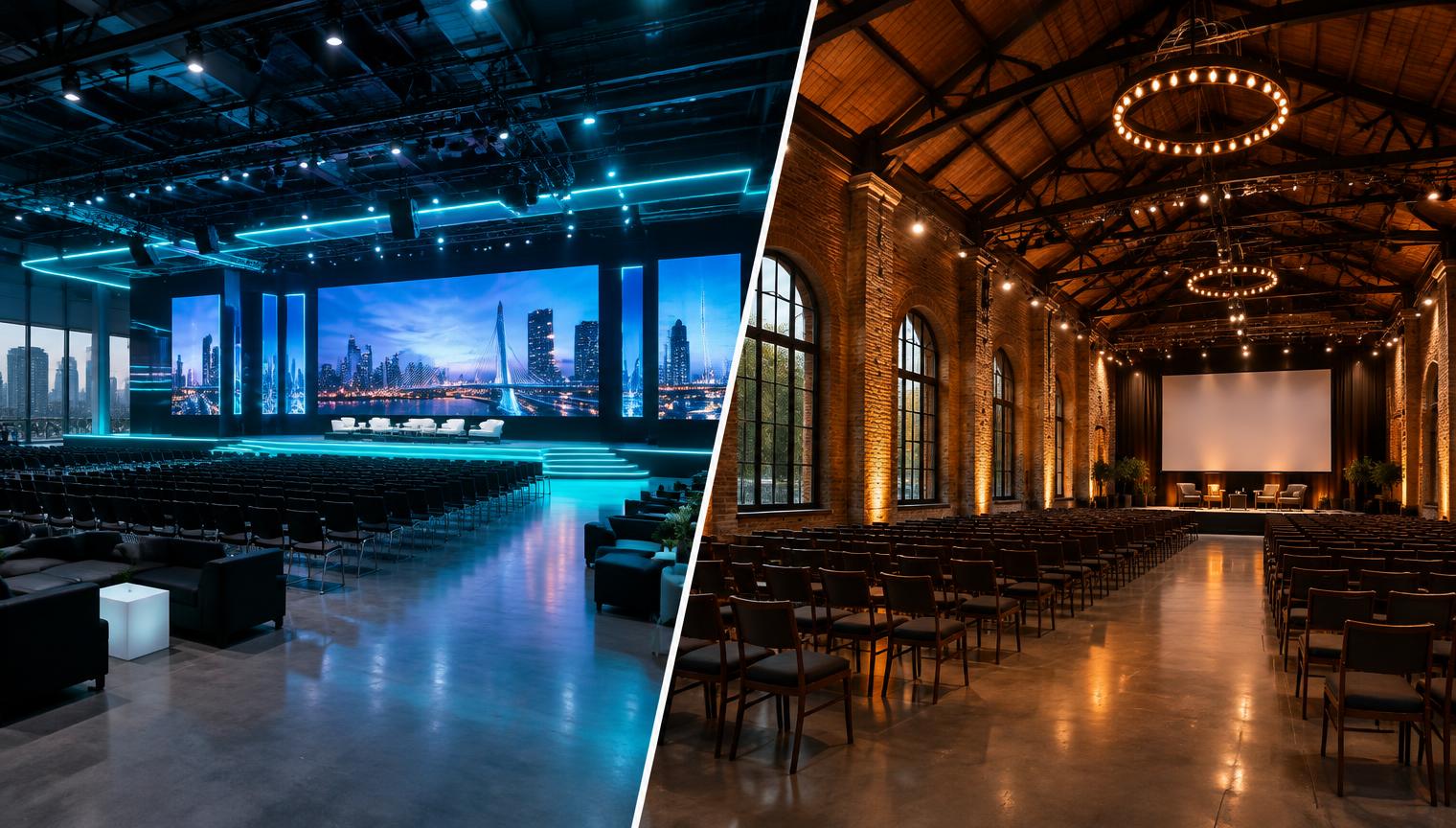 Comparação entre um pavilhão de eventos moderno no Brasil com painéis de LED e iluminação ciano e um espaço europeu de teto alto com iluminação quente