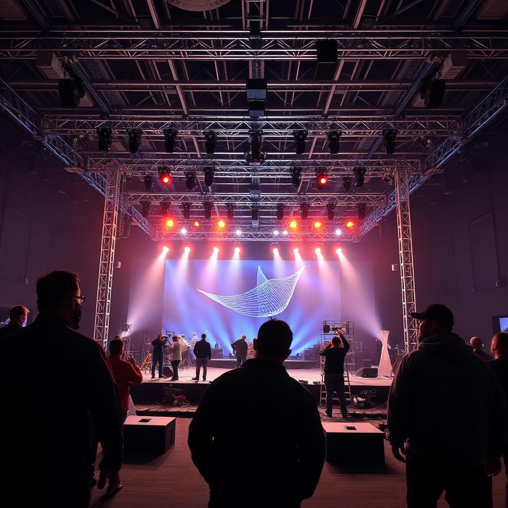 Bastidores de montagem de evento corporativo de grande porte com equipe técnica