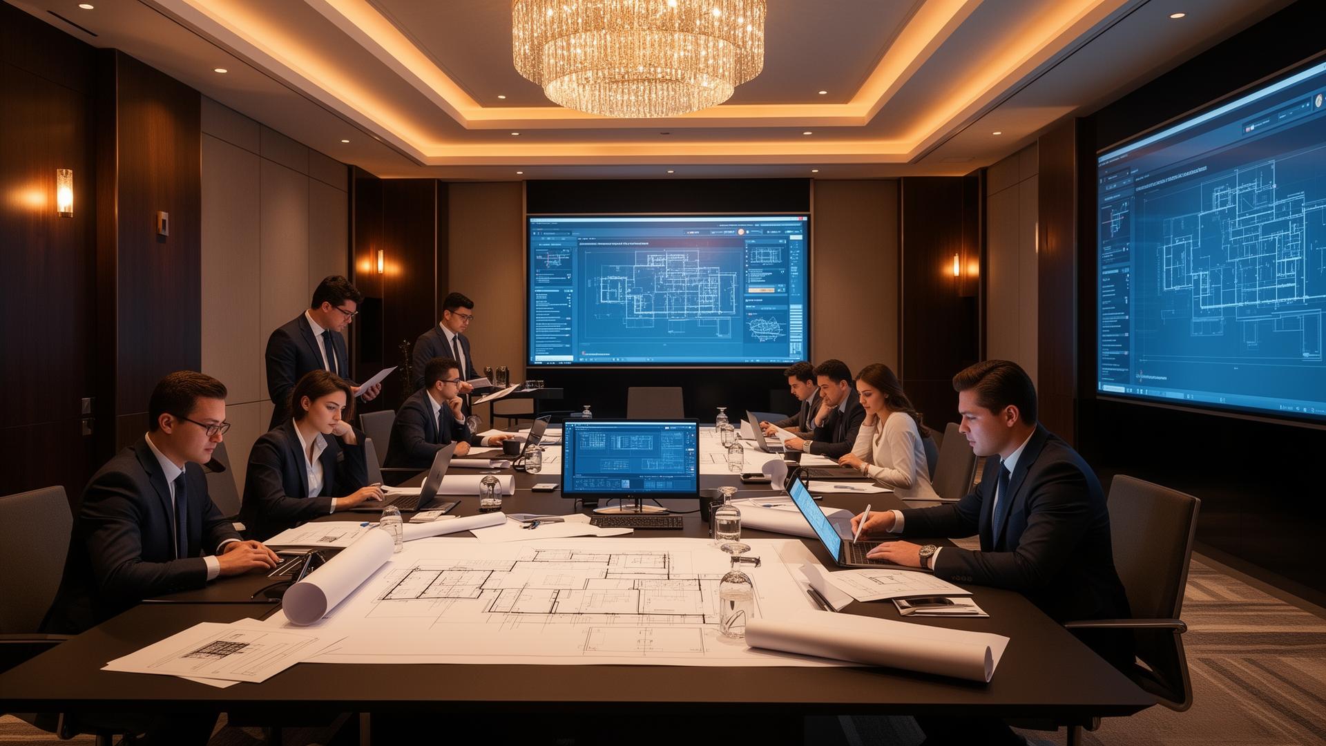Equipe profissional de organização de eventos corporativos em reunião de planejamento estratégico