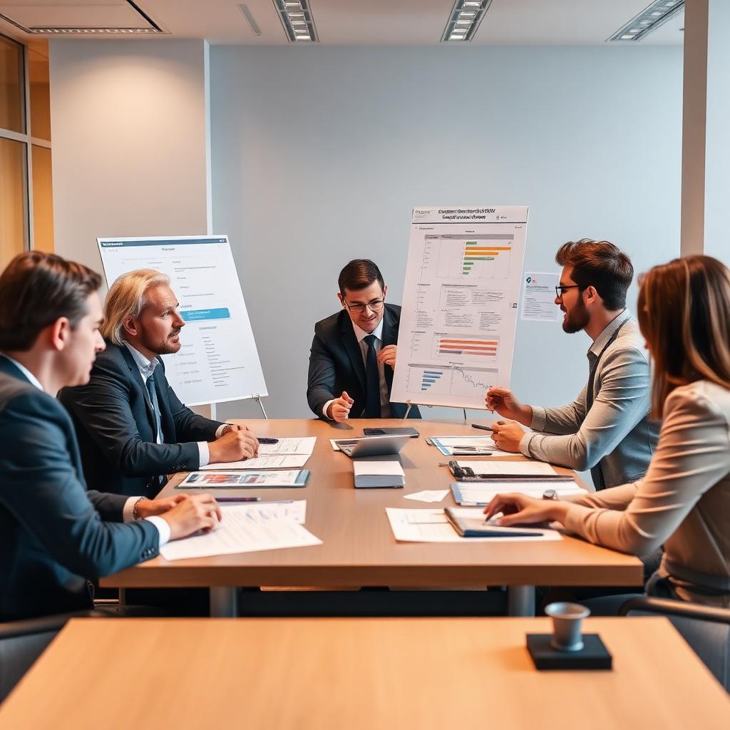 Reunião de planejamento estratégico de eventos corporativos com gráficos e cronogramas