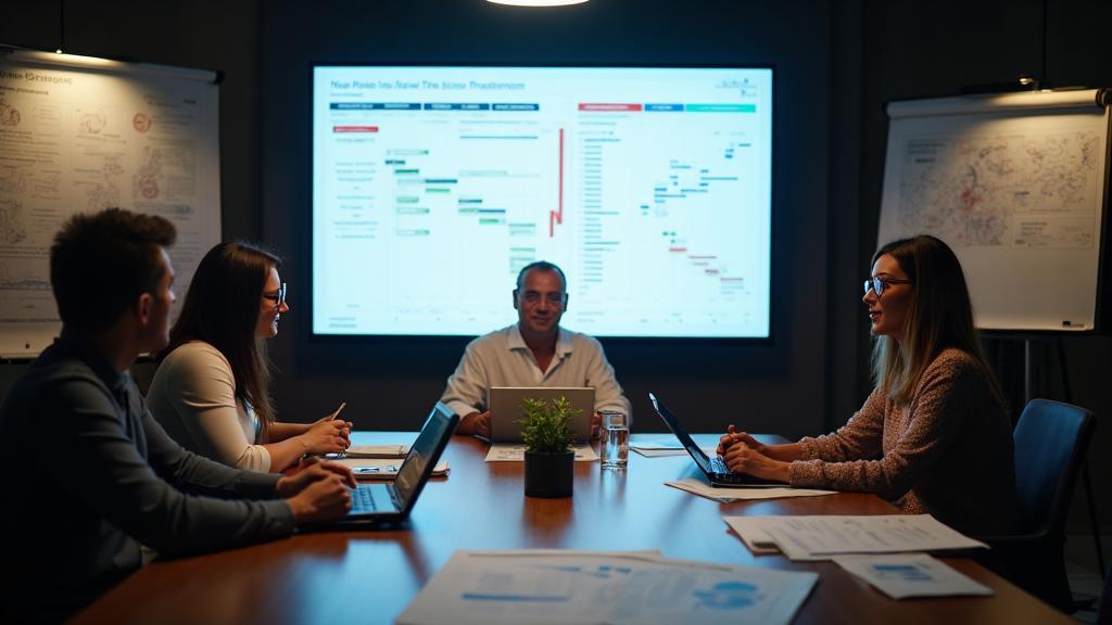 Equipe de planejamento de evento corporativo em reunião com cronograma na tela em São Paulo