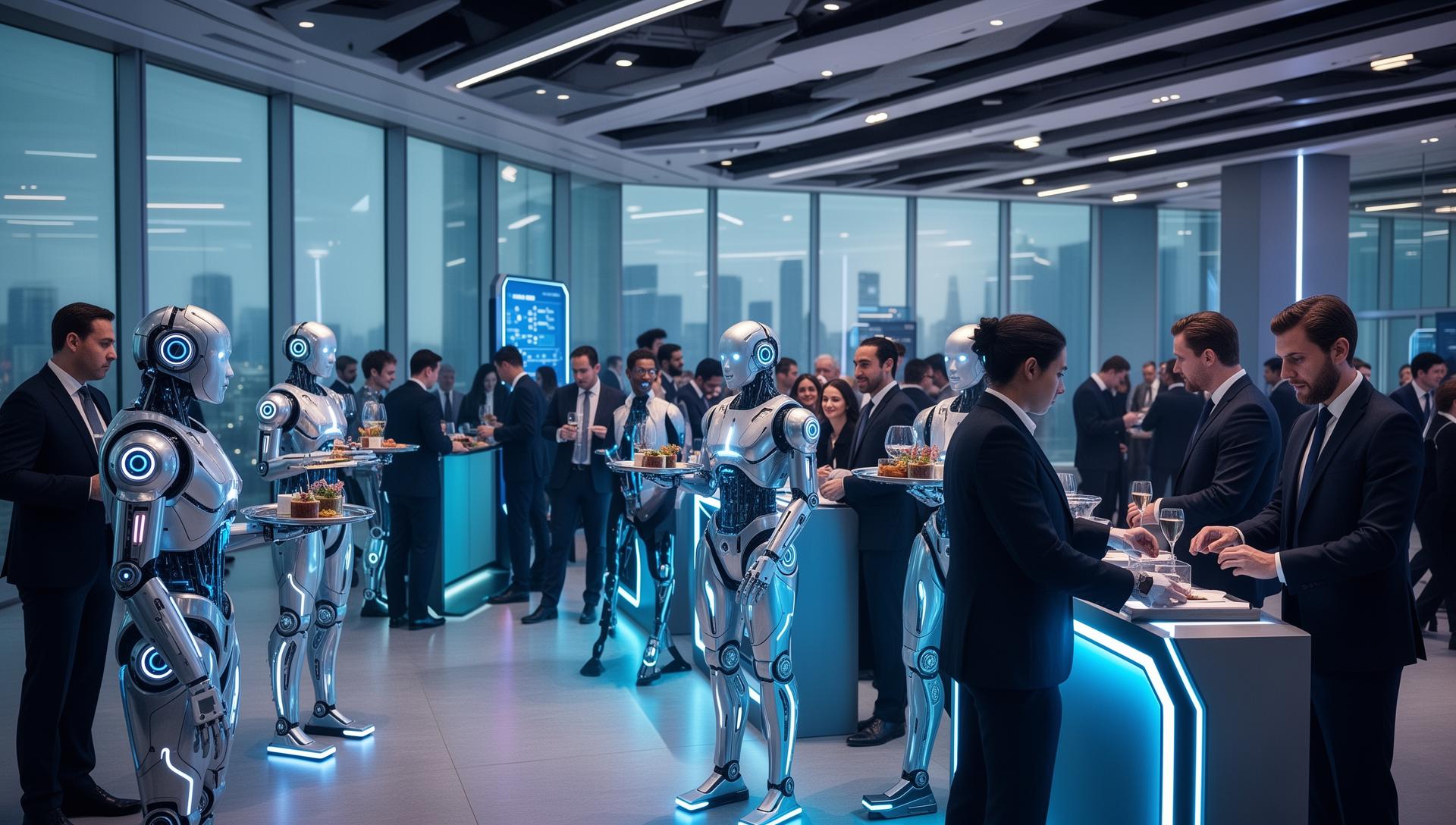 Robôs humanoides auxiliando em evento corporativo futurístico com profissionais e tecnologia avançada
