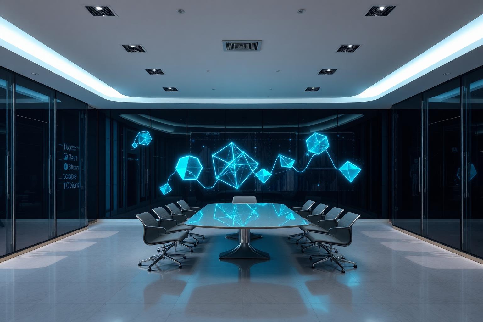 Sala de diretoria moderna com painel de dados de ROI de evento corporativo em iluminação cyan