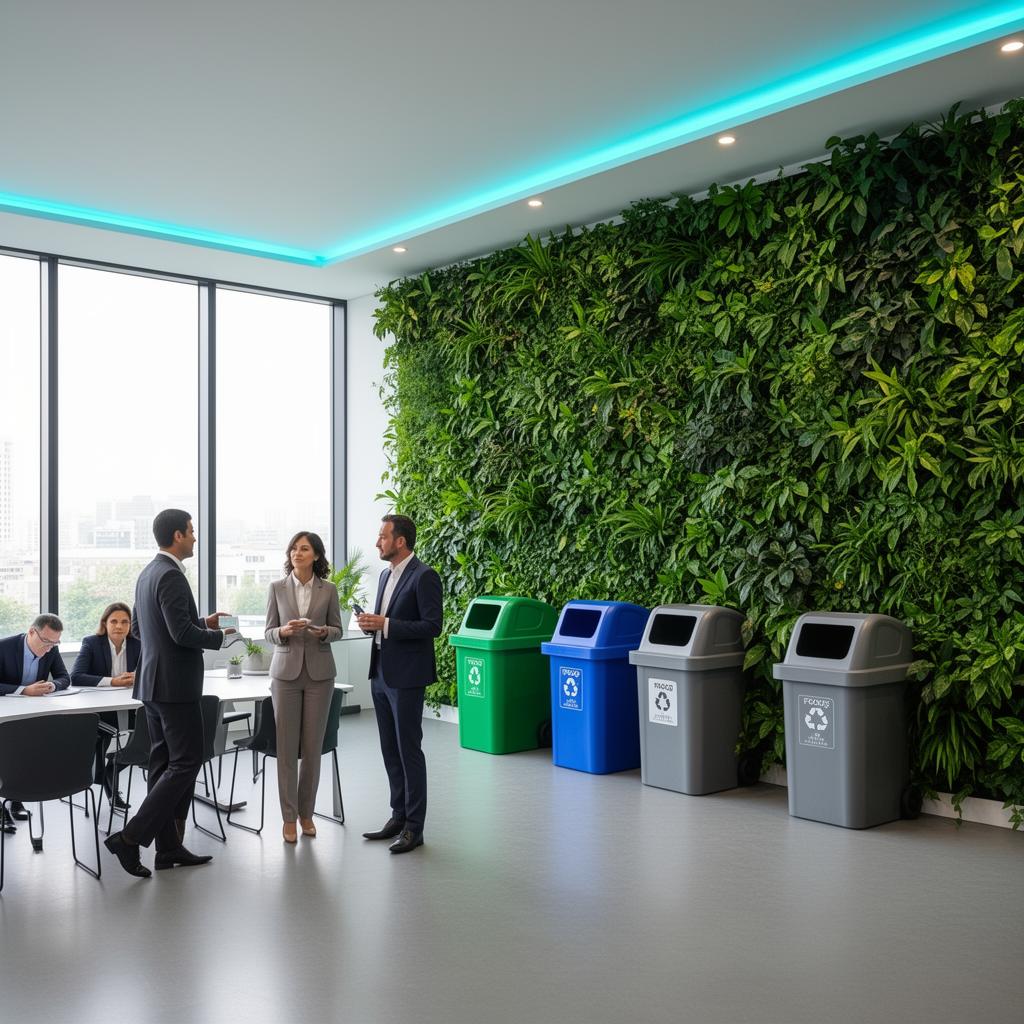 Evento corporativo sustentável com parede verde de plantas, estações de coleta seletiva e iluminação cyan, simbolizando práticas ESG aplicadas à organização de eventos