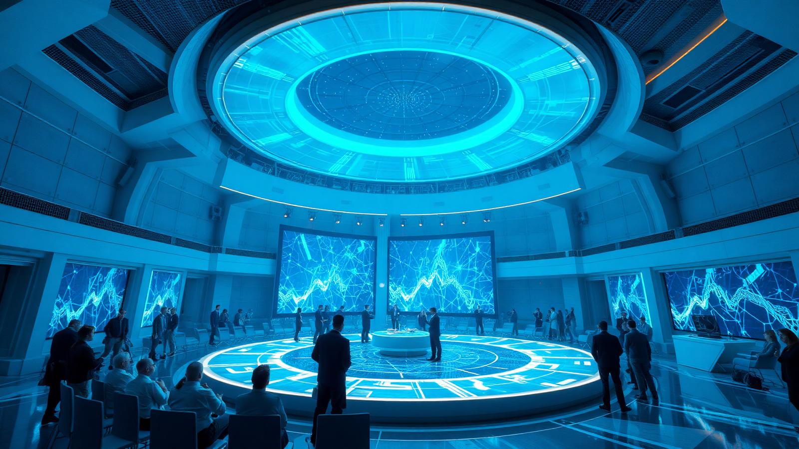 Evento corporativo futurista em São Paulo com painéis de dados em tempo real e iluminação cyan