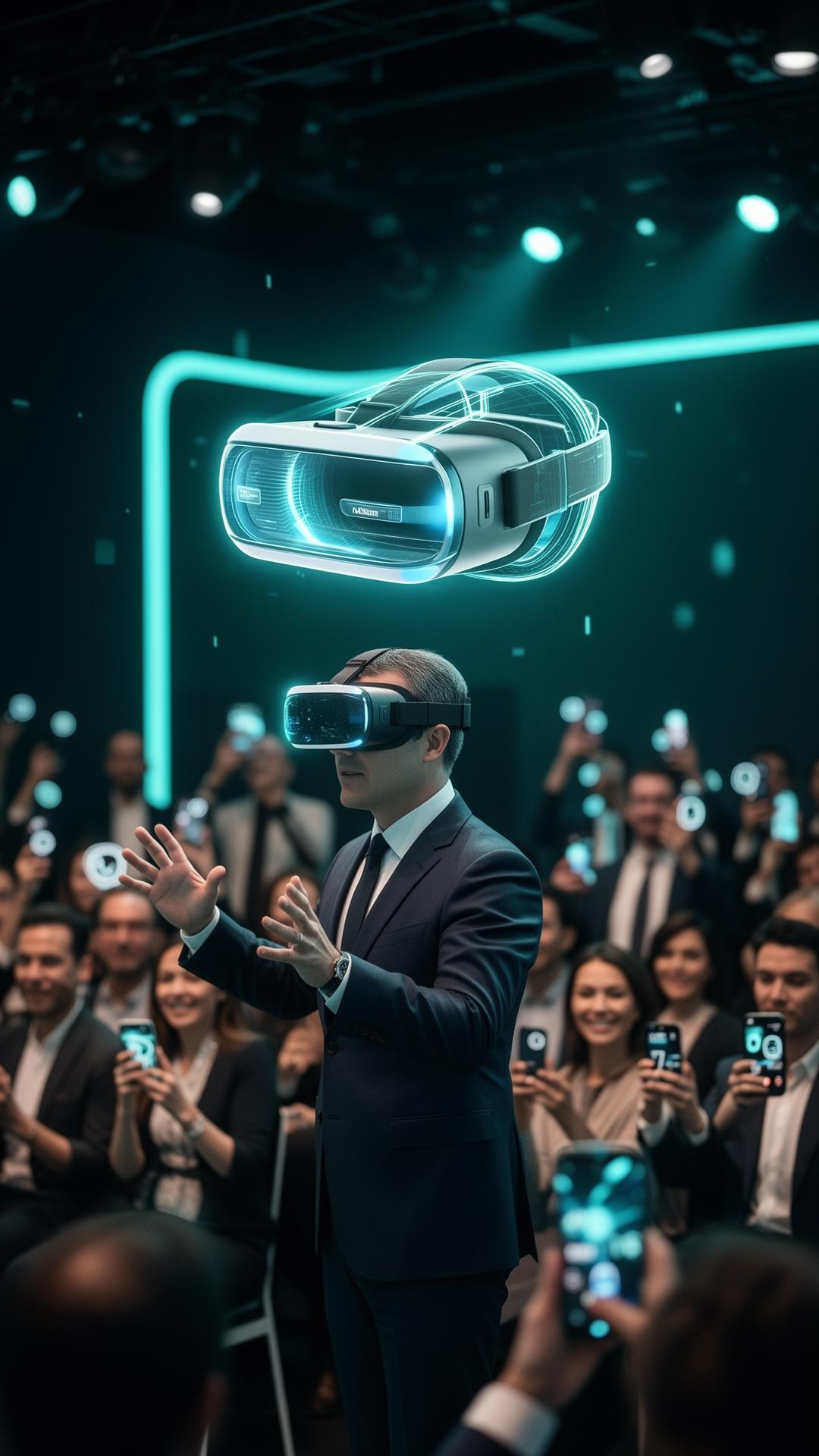 Executivo usando headset de realidade virtual em palco de evento corporativo, com holograma 3D flutuando acima e plateia engajada usando filtros de realidade aumentada nos smartphones